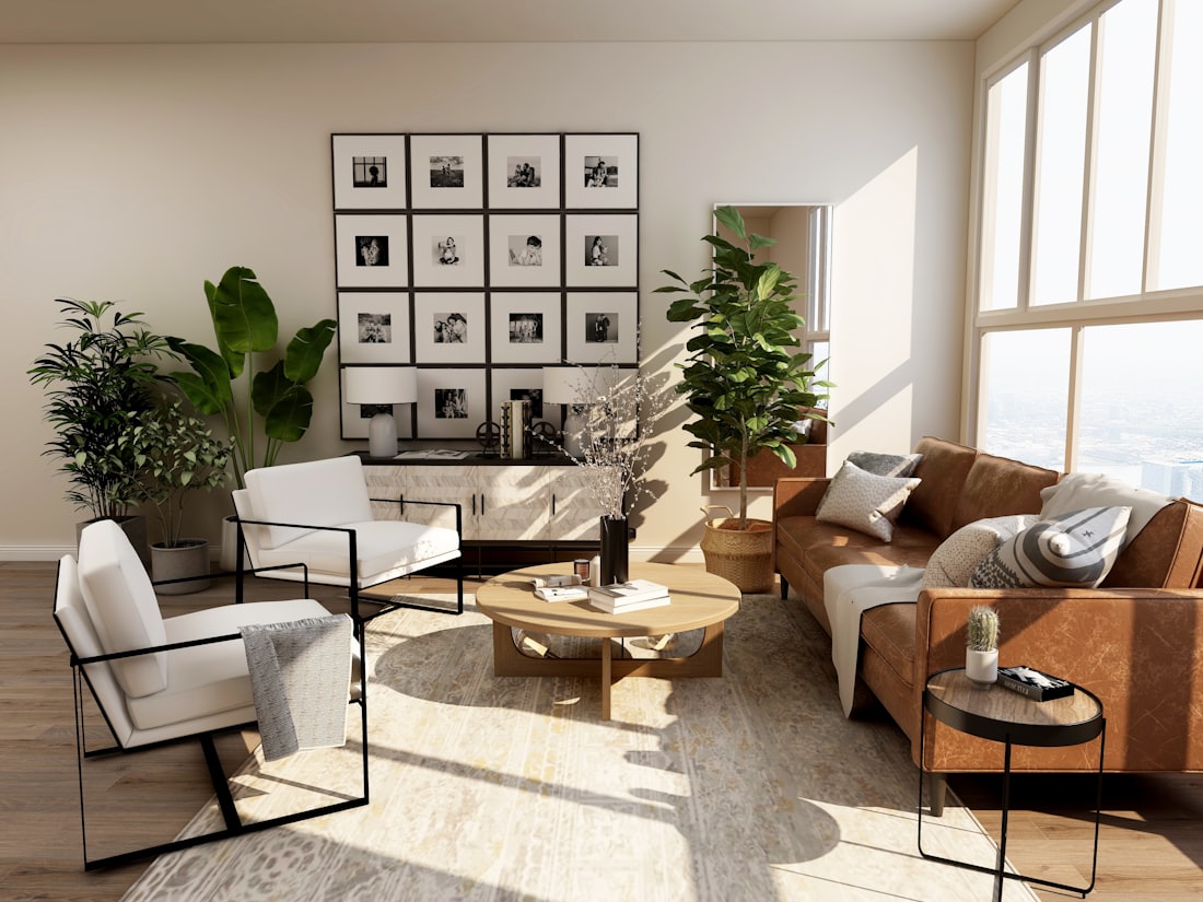 A warm, light-filled living room with natural materials, ready for guests